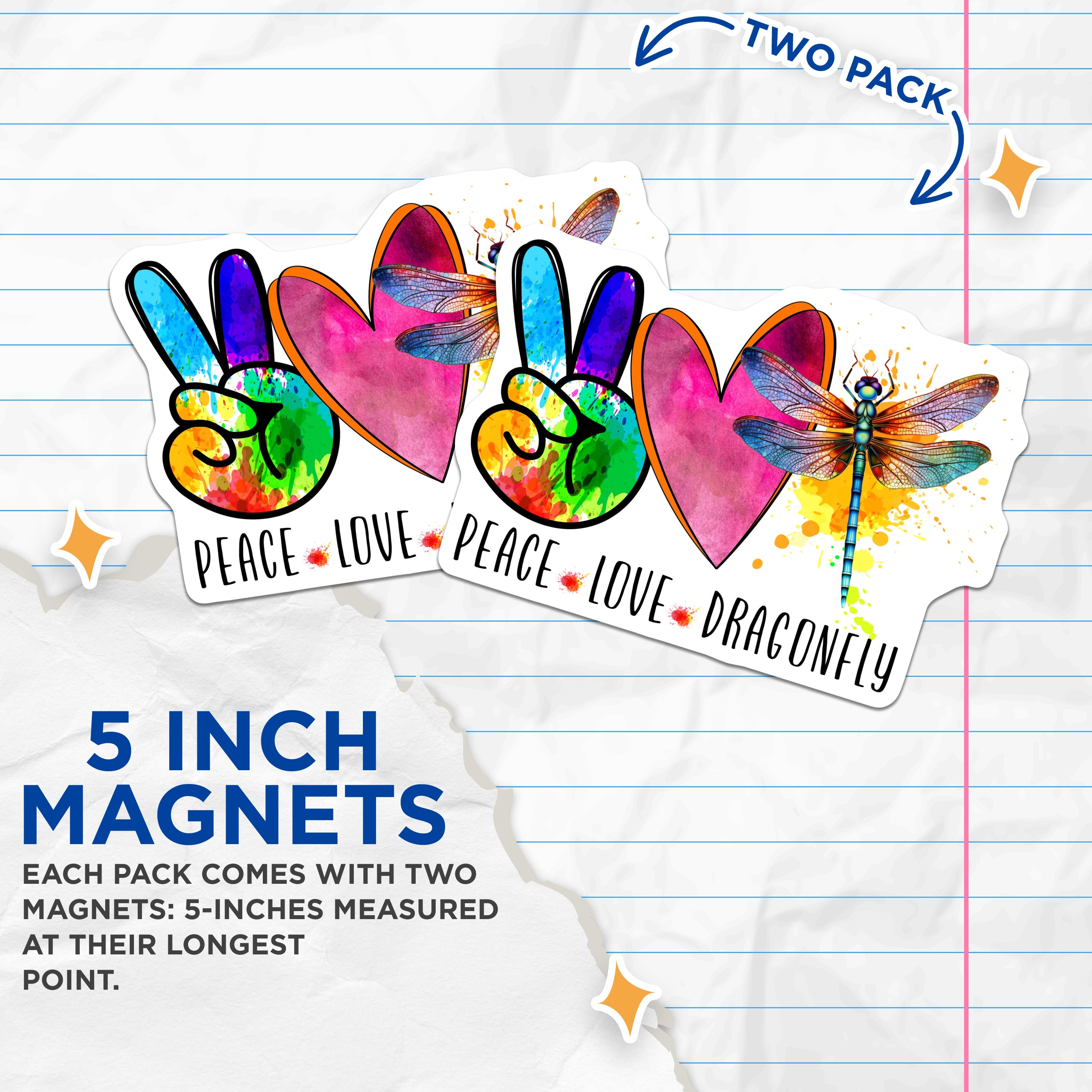 (2 Pack) Peace Love Dragonfly Magnets - Watercolor Hippie Art - Boho Nature Fridge Decor - Positive Vibes Magnet - 5 Inches On Longest Side - Thick Durable Magnet - Made in USA - MAG38095