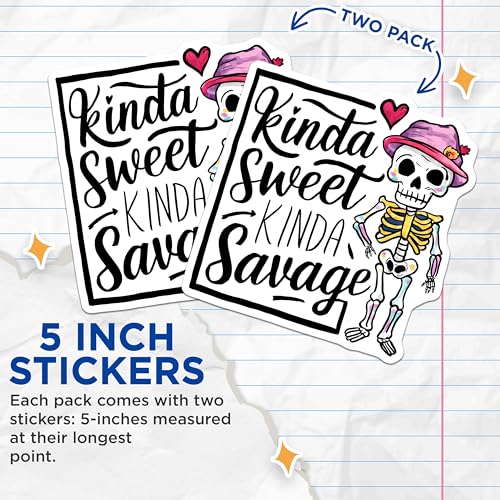 (2 Pack) Kinda Sweet Kinda Savage Stickers - Funny Skeleton Stickers - Halloween Decor Sticker Pack - 5" On Longest Side - Sticks to Smooth Flat Surfaces - Made in USA - BMCS4405