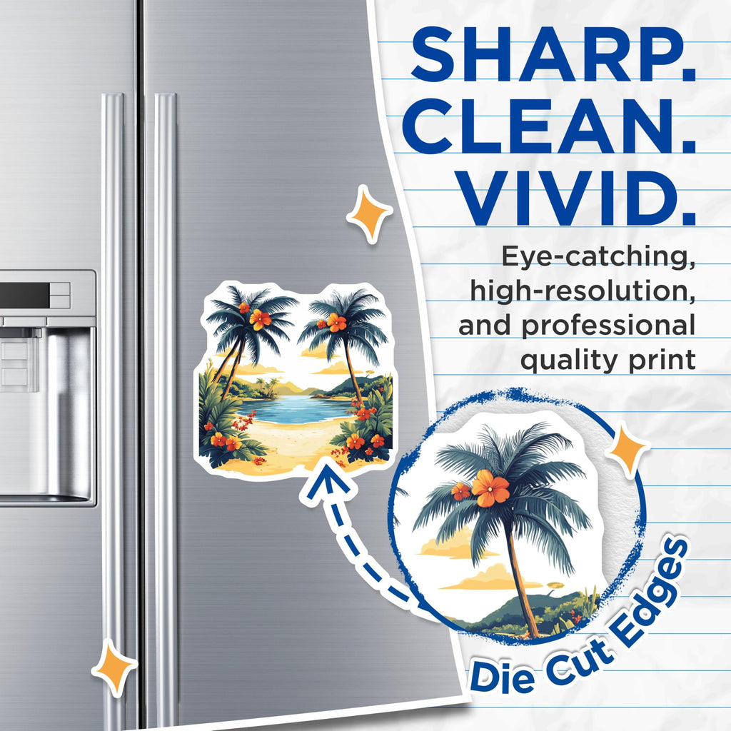 (2 Pack) Tropical Beach Magnets - Vibrant Palm Tree Island Scene Decor - Coastal Ocean View Art - 5 Inches On Longest Side - Thick Durable Magnet - Made in USA - MAG24132