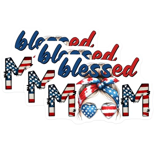 (3 Pack) Blessed Mom Decals - Patriotic Mama Decal - American Flag Decals - 3 Inches On Longest Side - Easy Peel & Apply - Made in USA - 3MCS6219
