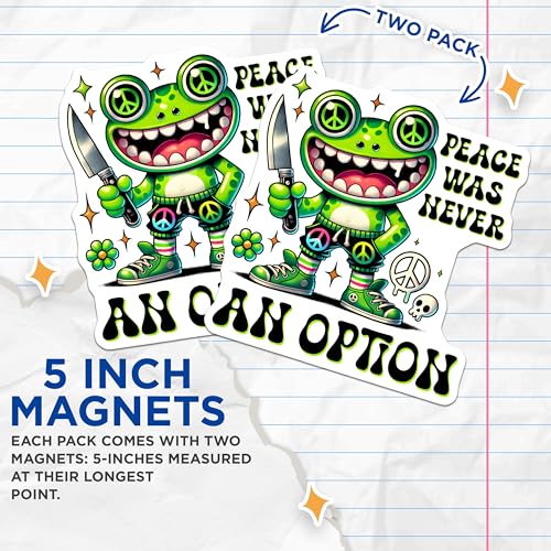(2 Pack) Peace was Never an Option Magnets - Funny Rebel Frog Design - Cute Retro Art Decor for Home or Office - 5" On Longest Side - for Cars, Fridges, Toolboxes - Made in USA - MAG7606