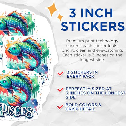 (3 Pack) Pisces Decals - Zodiac Sign - Astrological Decals- 3 Inches On Longest Side - Easy Peel & Apply - Made in USA - 3MCS5793