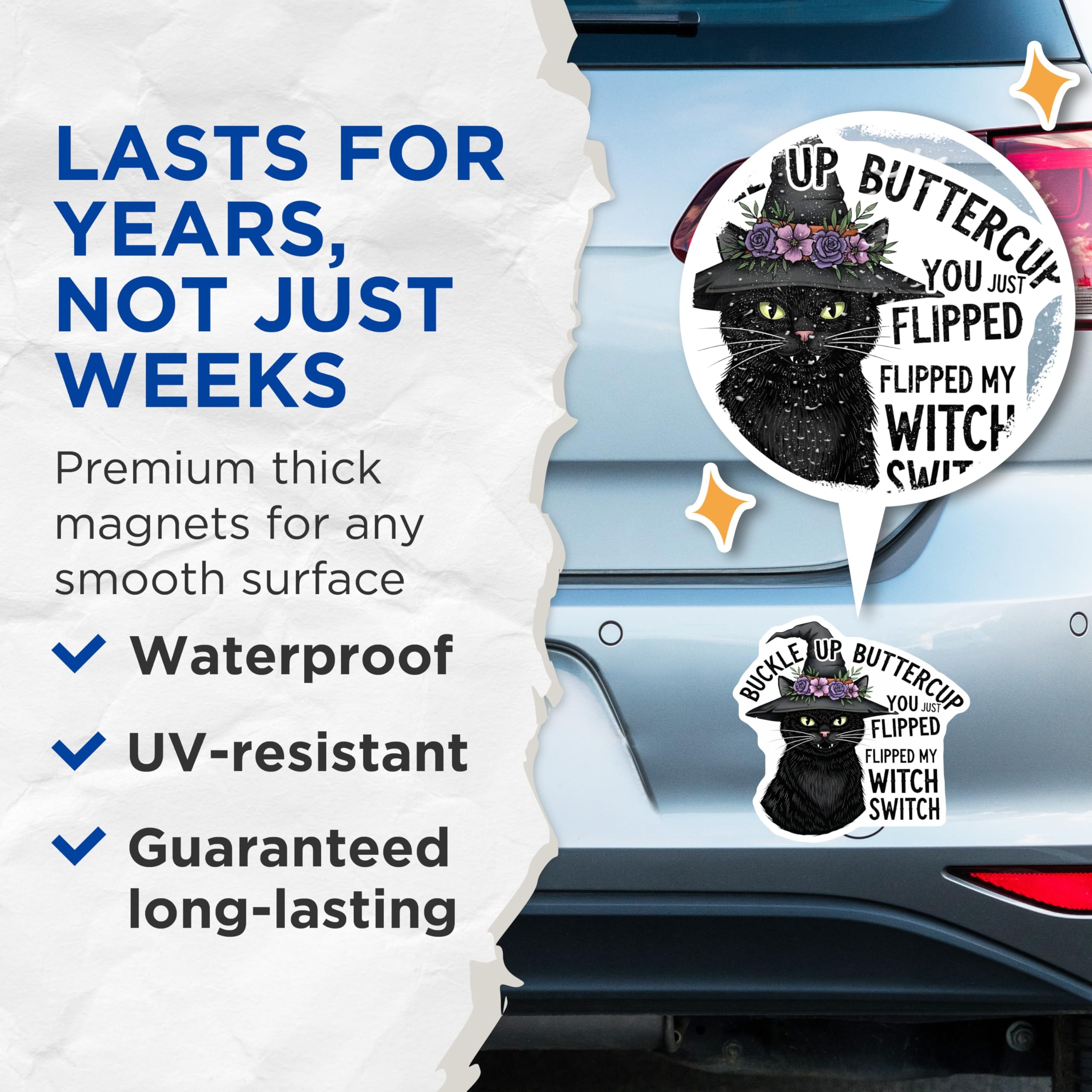 (2 Pack) Witch Cat Magnets - Halloween Humor - Flipped My Witch Switch Magnet - 5" On Longest Side - Premium Magnet - for Cars, Refrigerators, Toolboxes, Lockers - Made in USA - MAG17945