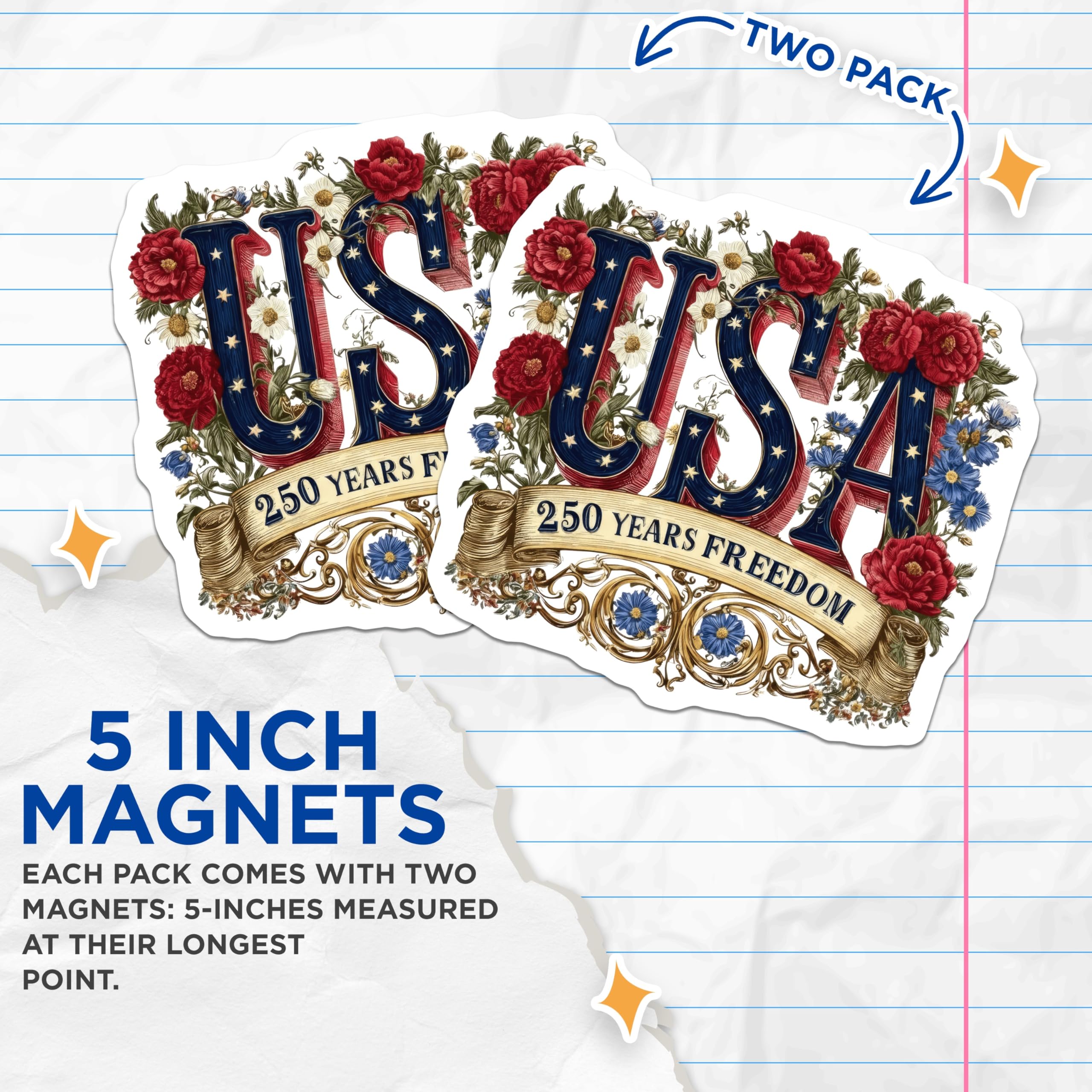 (2 Pack) 250 Years Freedom Magnets - USA Patriotic Decor - Vintage Americana Semiquincentennial Commemorative July 4th - 5 Inches On Longest Side - Thick Durable Magnet - Made in USA - MAG26443