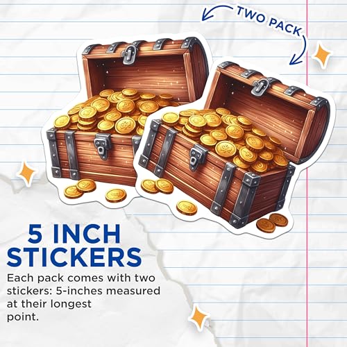 (2 Pack) Treasure Chest Stickers - Pirate Gold Stickers - Adventure Stickers - 5" On Longest Side - Sticks to Smooth Flat Surfaces - Made in USA - BMCS6864
