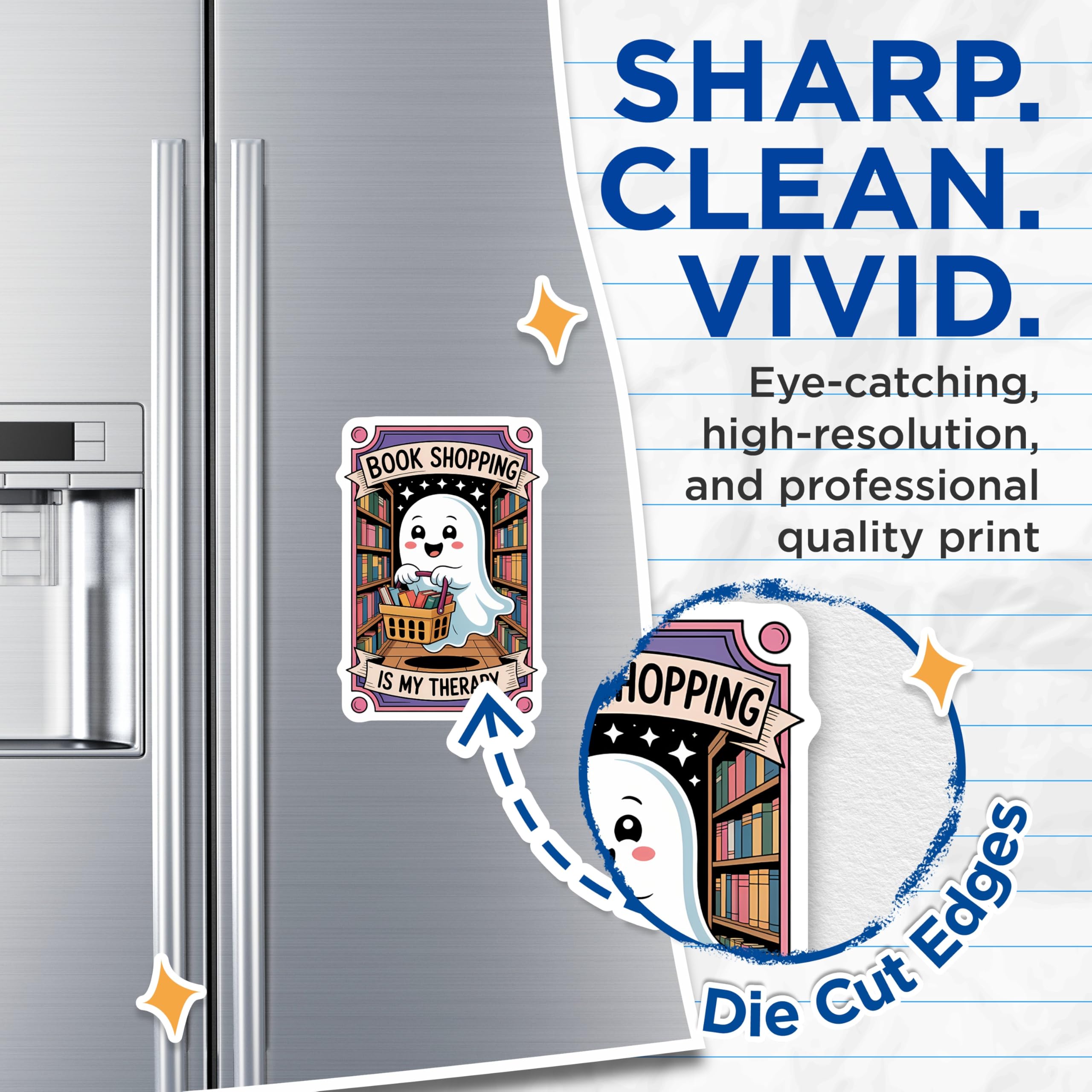 (2 Pack) Book Shopping Therapy Magnets - Cute Ghost Library Reader - Bookworm Bibliophile Decor - 5 Inches On Longest Side - Thick Durable Magnet - Made in USA - MAG22491