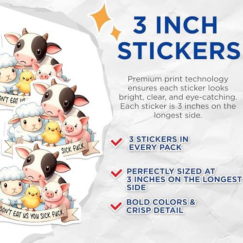 (3 Pack) Vegan Decals - Animal Rights - Funny Laptop Stickers - 3 Inches On Longest Side - Easy Peel & Apply - Made in USA - 3MCS8447