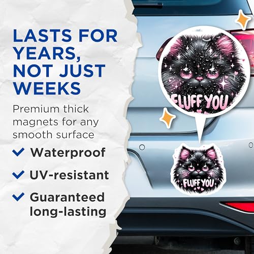 (2 Pack) Fluff You Cat Magnets - Cute Cat Lovers - Adorable Black Cat - Funny Cat Quote Magnets - Kitty Lovers Gifts - 5" On Longest Side - for Cars, Fridges, Toolboxes - Made in USA - MAG4595
