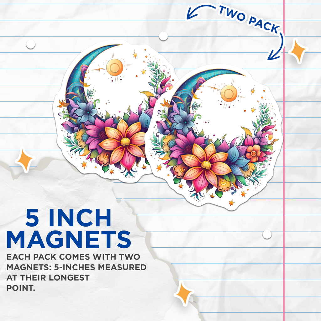 (2 Pack) Vibrant Floral Crescent Moon Magnets - Mystical Celestial Botanical Art - Dreamy Kitchen Accent Magnets - 5 Inches On Longest Side - Thick Durable Magnet - Made in USA - MAG22985