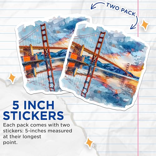 (2 Pack) Golden Gate Bridge Art Stickers - Travel Landmark Stickers - Watercolor Scenery Stickers - 5" On Longest Side - Sticks to Smooth Flat Surfaces - Made in USA - BMCS5192