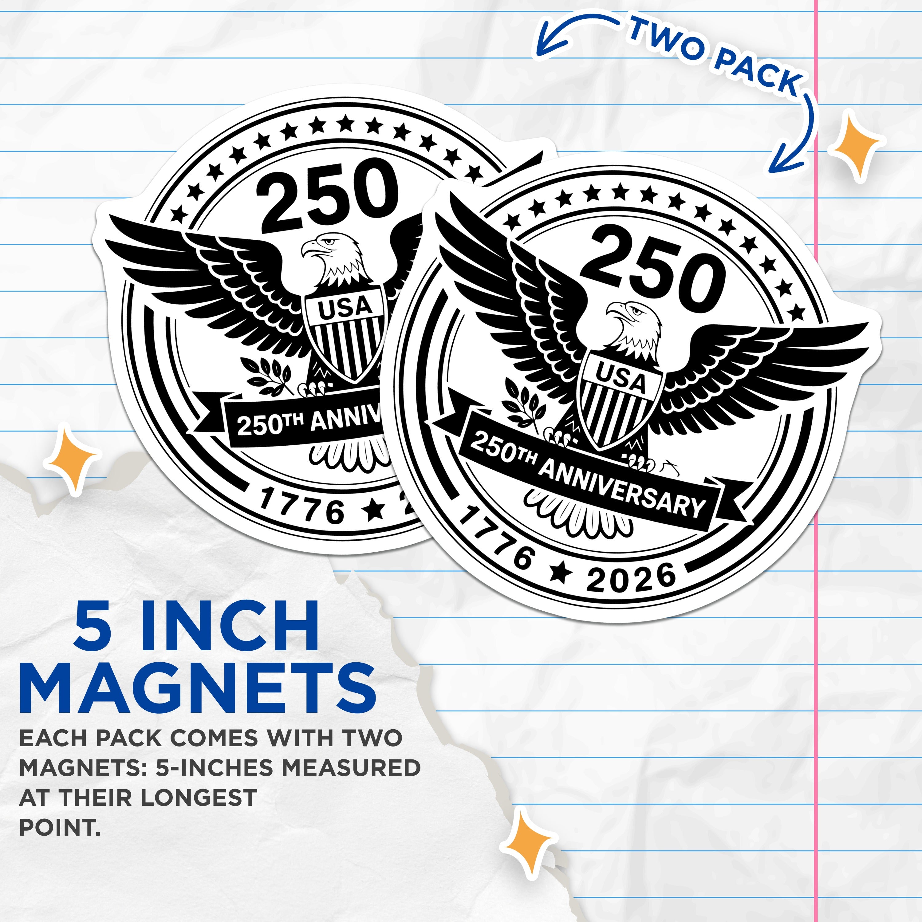 (2 Pack) USA 250th Anniversary Magnets - American Patriotism Souvenir - Declaration of Independence Memorabilia - 5 Inches On Longest Side - Thick Durable Magnet - Made in USA - MAG36172