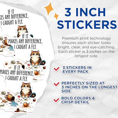 (3 Pack) Funny Cat Decals - I Caught A Fly Decal - Laptop Decal - 3 Inches On Longest Side - Easy Peel & Apply - Made in USA - 3MCS1910