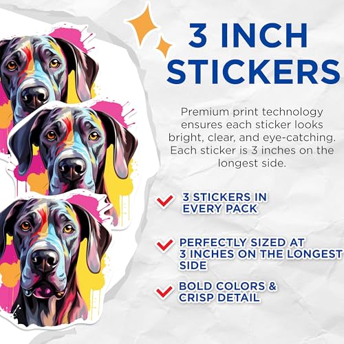 (3 Pack) Great Dane Decals - Colorful Dog Stickers - Laptop Decal - 3 Inches On Longest Side - Easy Peel & Apply - Made in USA - 3MCS0743