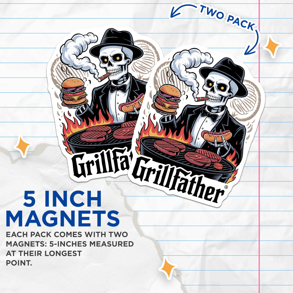 (2 Pack) Grillfather Magnets - Skeleton BBQ Decor - Funny Grill Master - Smoking Cigar - Hamburger Hotdog Art - 5 Inches On Longest Side - Thick Durable Magnet - Made in USA - MAG22568