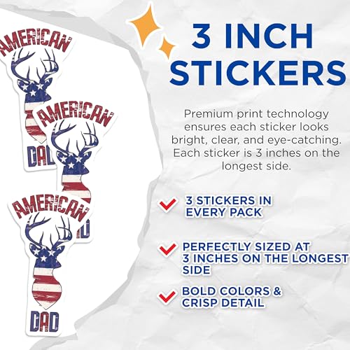 (3 Pack) American Dad Deer Decals - Patriotic Decals - USA Hunting - 3 Inches On Longest Side - Easy Peel & Apply - Made in USA - 3MCS7267