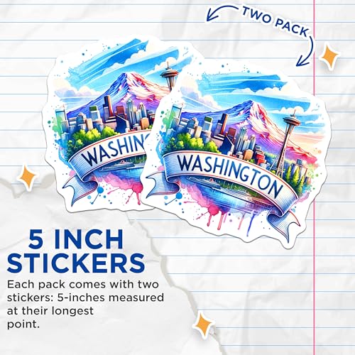 (2 Pack) Washington State Stickers - Mountain and City Scenery Decal - Seattle Landmarks Sticker - 5" On Longest Side - Sticks to Smooth Flat Surfaces - Made in USA - BMCS7268