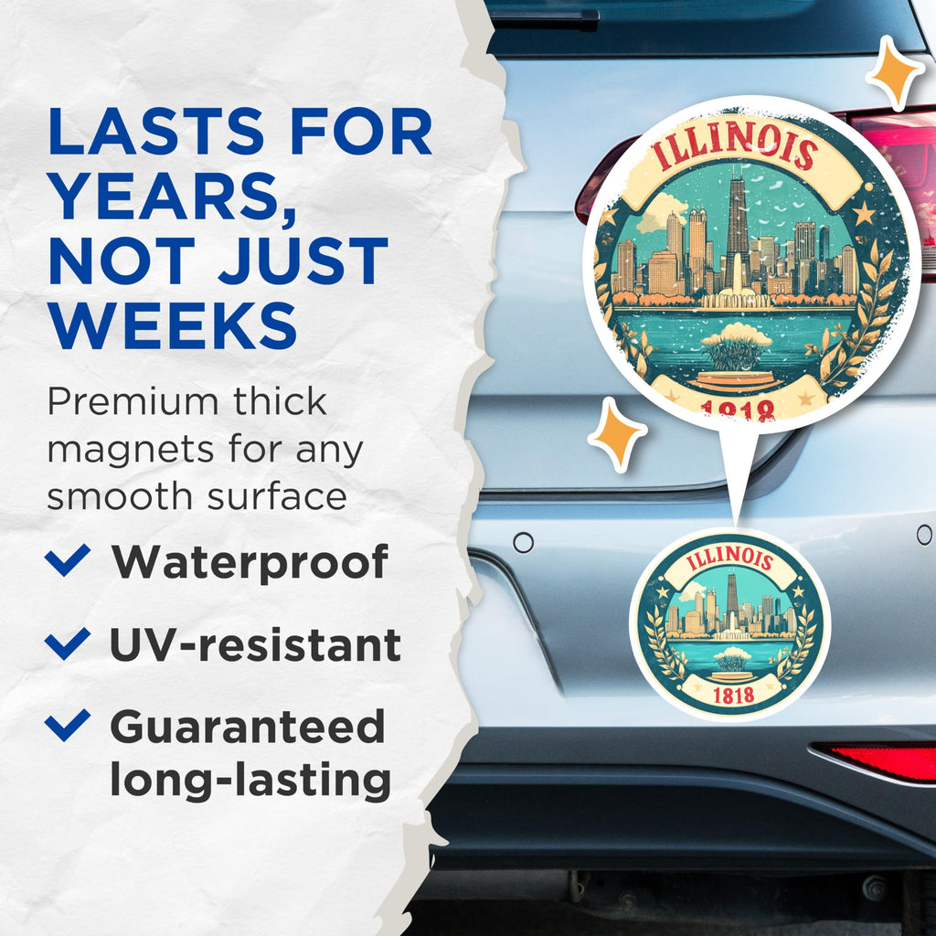 (2 Pack) Illinois State Magnets - Chicago Skyline - Fridge Decor Souvenir - 5" On Longest Side - Premium Magnet - for Cars, Refrigerators, Toolboxes, Lockers - Made in USA - MAG14081