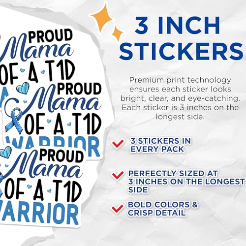 (3 Pack) T1D Mama Warrior Decals - Type 1 Diabetes Awareness - Laptop Stickers - 3 Inches On Longest Side - Easy Peel & Apply - Made in USA - 3MCS2598