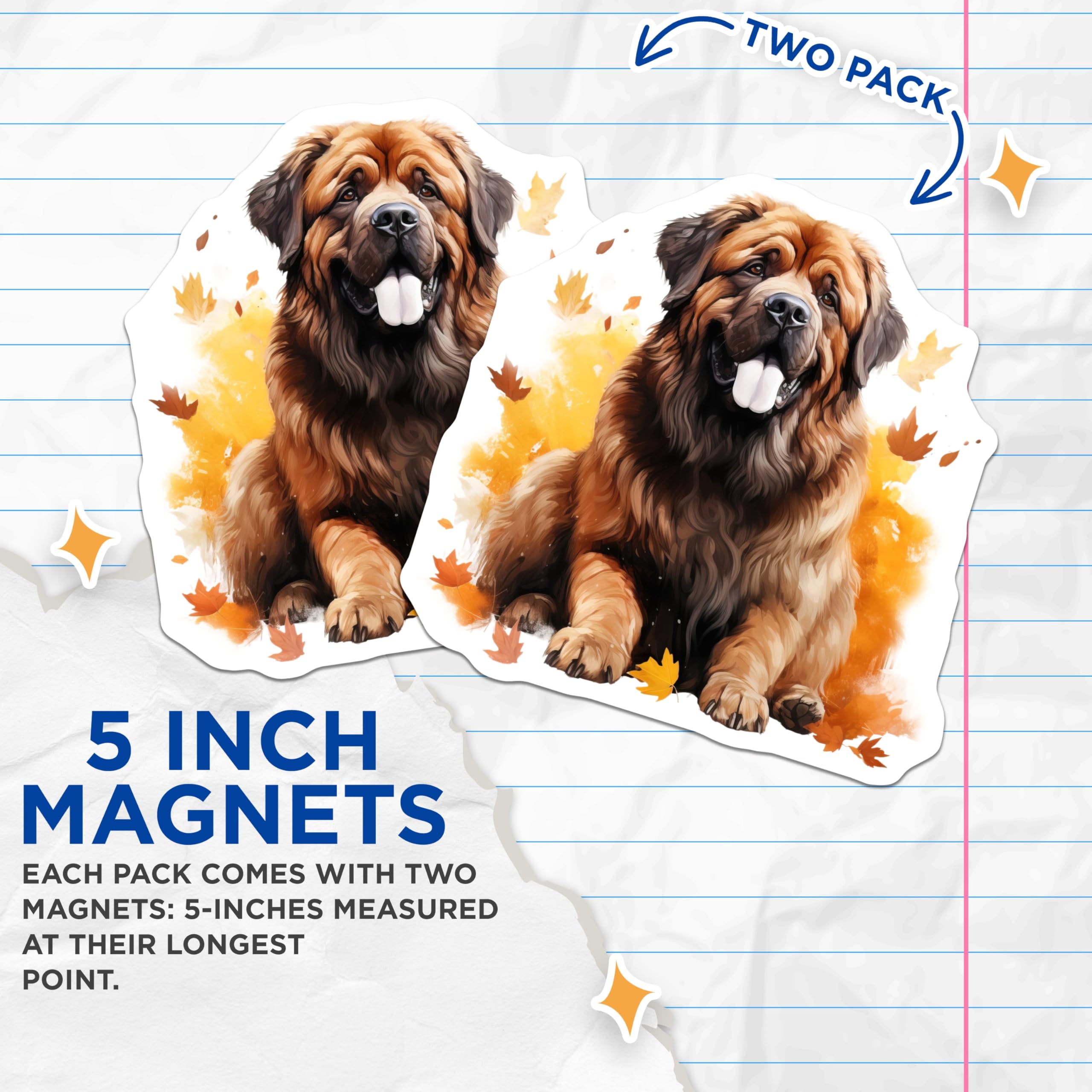 (2 Pack) Leonberger Magnets - Autumn Fall Dog Art - Fridge Locker Decor - 5 Inches On Longest Side - Thick Durable Magnet - Made in USA - MAG24206