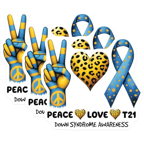 (3 Pack) Down Syndrome Awareness Decals - Peace Love - T21 Decals - 3 Inches On Longest Side - Easy Peel & Apply - Made in USA - 3MCS6969