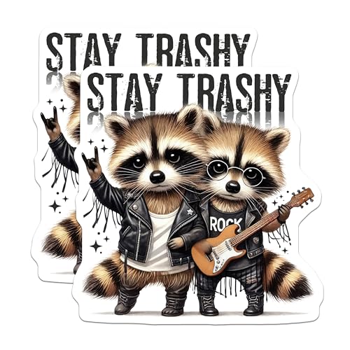 (2 Pack) Stay Trashy Raccoon Stickers - Rock and Roll Stickers - Cute Animal Stickers - 5" On Longest Side - Sticks to Smooth Flat Surfaces - Made in USA - BMCS5328