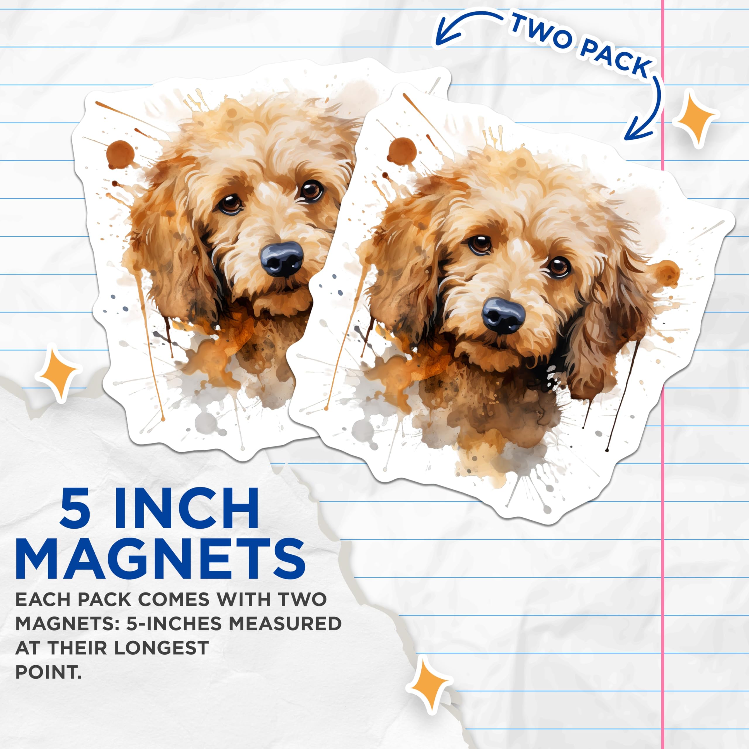 (2 Pack) Goldendoodle Magnets - Artistic Watercolor Puppy Dog - Adorable Pet Lover Fridge Kitchen Accessory Collection - 5 Inches On Longest Side - Thick Durable Magnet - Made in USA - MAG23604