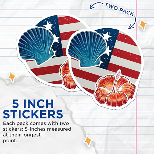 (2 Pack) Patriotic Shell Stickers - Summer Beach Theme - 4th of July Decor - 5" On Longest Side - Sticks to Smooth Flat Surfaces - Made in USA - BMCS8983