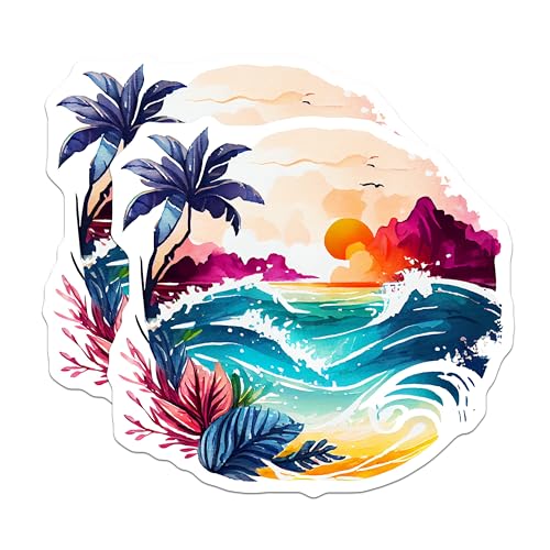 (2 Pack) Beach Sunset Wave Magnets Magnets - Tropical Ocean View - Summer Coastal Scene - 5" On Longest Side - Made in USA - Sticks to Refrigerators & Metal Surfaces - MAG9270