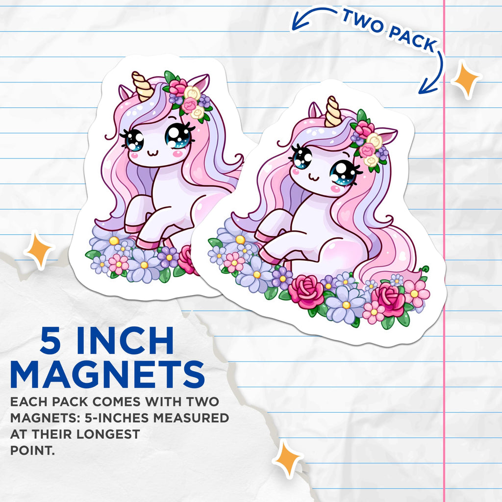 (2 Pack) Cute Unicorn Magnets - Kawaii Fantasy Floral Creature - Magical Pink Purple Aesthetic Decor - 5 Inches On Longest Side - Thick Durable Magnet - Made in USA - MAG22171