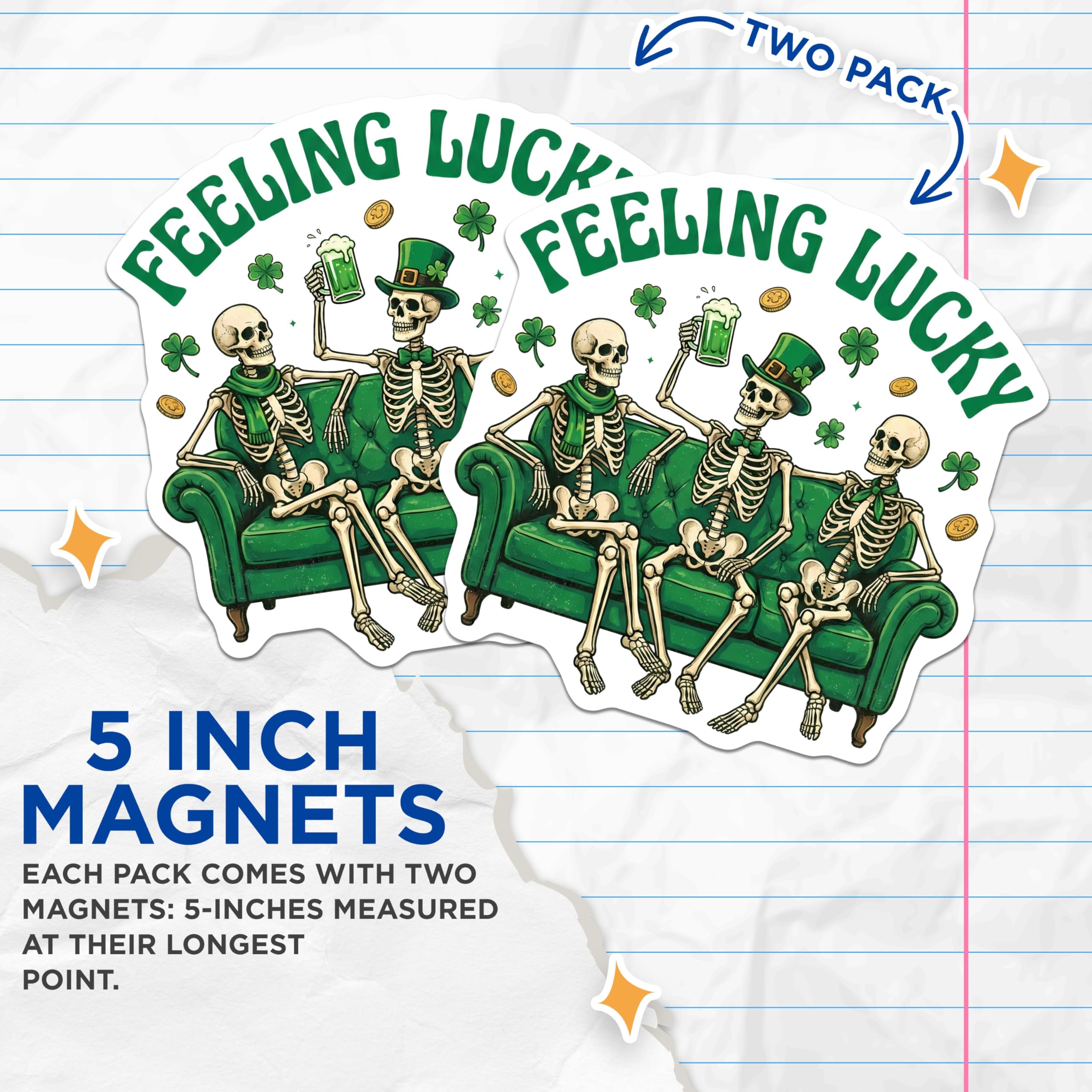 (2 Pack) St Patricks Day Magnets - Skeleton Lucky - Irish Day Decor - 5" On Longest Side - Premium Magnet - for Cars, Refrigerators, Toolboxes, Lockers - Made in USA - MAG16851