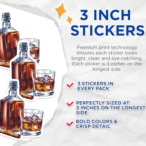 (3 Pack) Whiskey Decals - Cigar and Drink - Laptop Decals- 3 Inches On Longest Side - Easy Peel & Apply - Made in USA - 3MCS5651