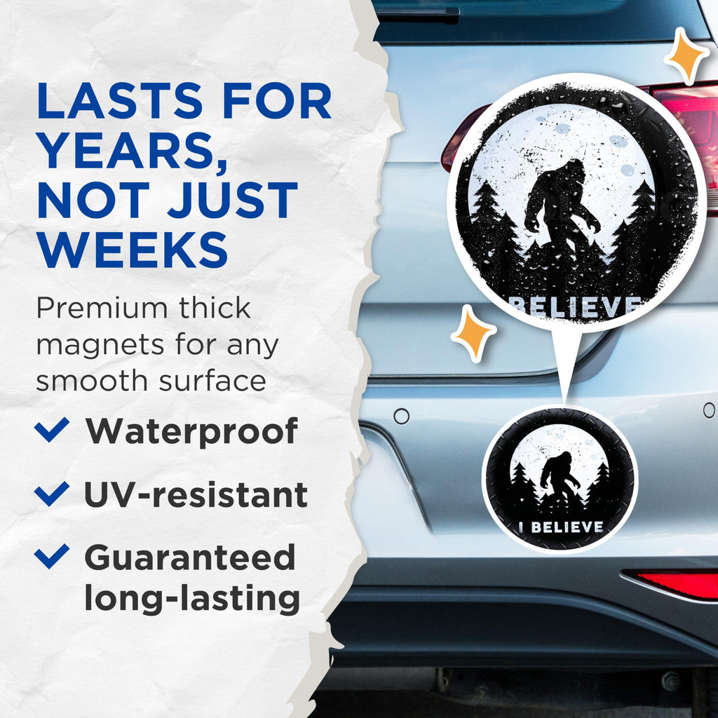 (2 Pack) Bigfoot Magnets - Sasquatch I Believe Statement - Cryptid Refrigerator Locker Magnets - 5 Inches On Longest Side - Thick Durable Magnet - Made in USA - MAG25356