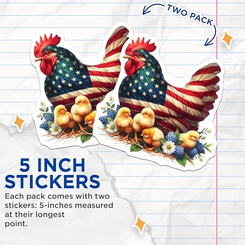 (2 Pack) Patriotic Chicken Stickers - American Flag Sticker - Farm Animal Stickers - 5" On Longest Side - Sticks to Smooth Flat Surfaces - Made in USA - BMCS6496