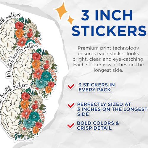 (3 Pack) Mental Health Matters Decals - Floral Brain Decal - Laptop Decal - 3 Inches On Longest Side - Easy Peel & Apply - Made in USA - 3MCS1788