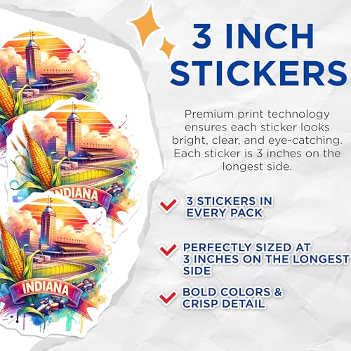 (3 Pack) Indiana Decals - Indianapolis Speedway - Racing Decals- 3 Inches On Longest Side - Easy Peel & Apply - Made in USA - 3MCS5785