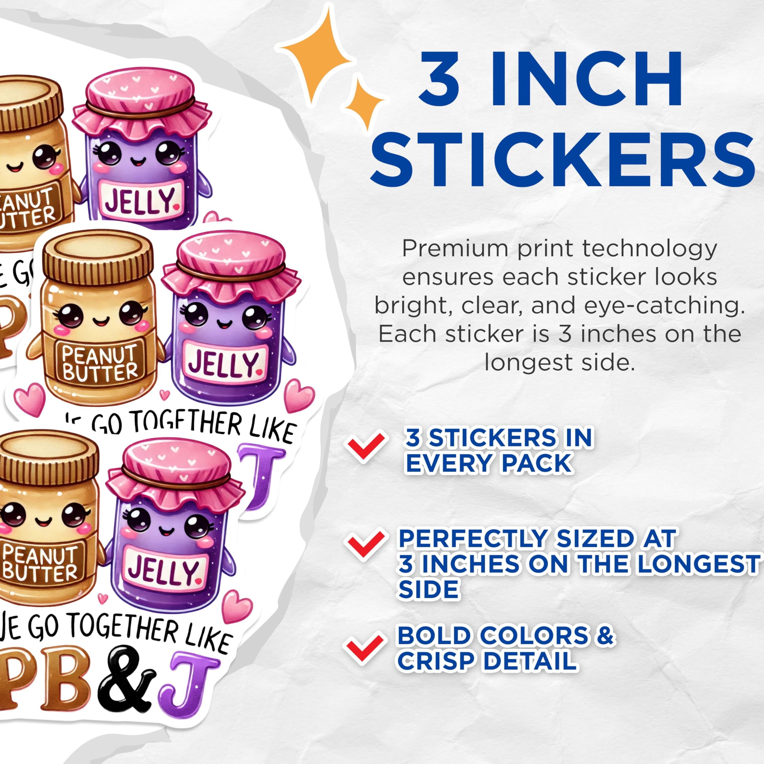 (3 Pack) Peanut Butter Jelly Decals - PB and J - Matching Stickers - 3 Inches On Longest Side - Easy Peel & Apply - Made in USA - 3MCS2321