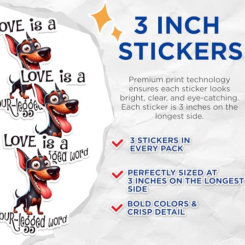 (3 Pack) Miniature Pinscher Decals - Love is a Dog - Dog Lover Decals - 3 Inches On Longest Side - Easy Peel & Apply - Made in USA - 3MCS1273