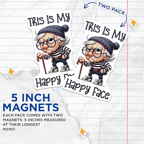 (2 Pack) This is My Happy Face Magnets Magnets - Funny Grandpa Sticker - Elderly Grumpy Character - 5" On Longest Side - Made in USA - Sticks to Refrigerators & Metal Surfaces - MAG8820