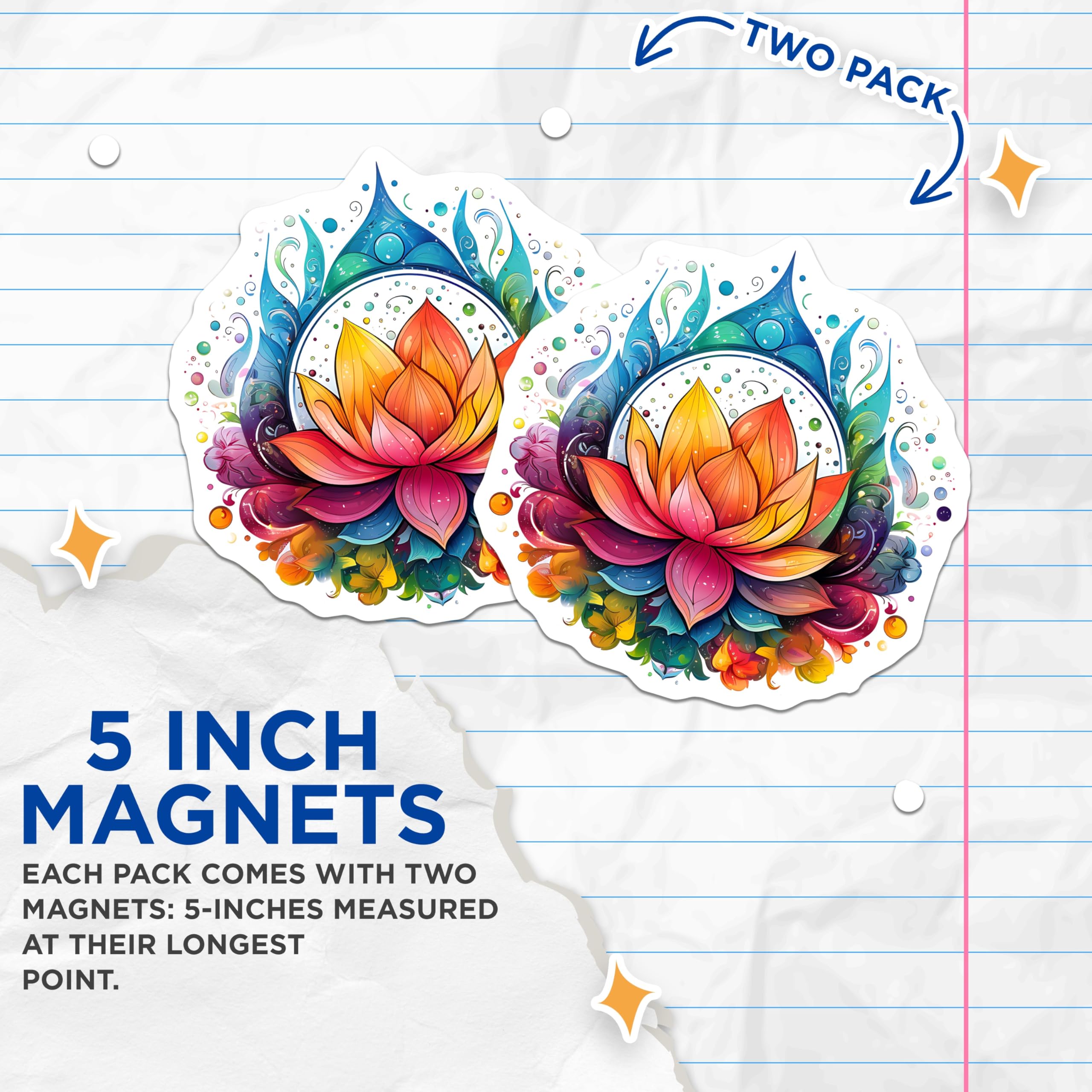 (2 Pack) Lotus Flower Magnets - Spiritual Mandala Art - Vibrant Boho Decor - Refrigerator Display - 5 Inches On Longest Side - Thick Durable Magnet - Made in USA - MAG22654