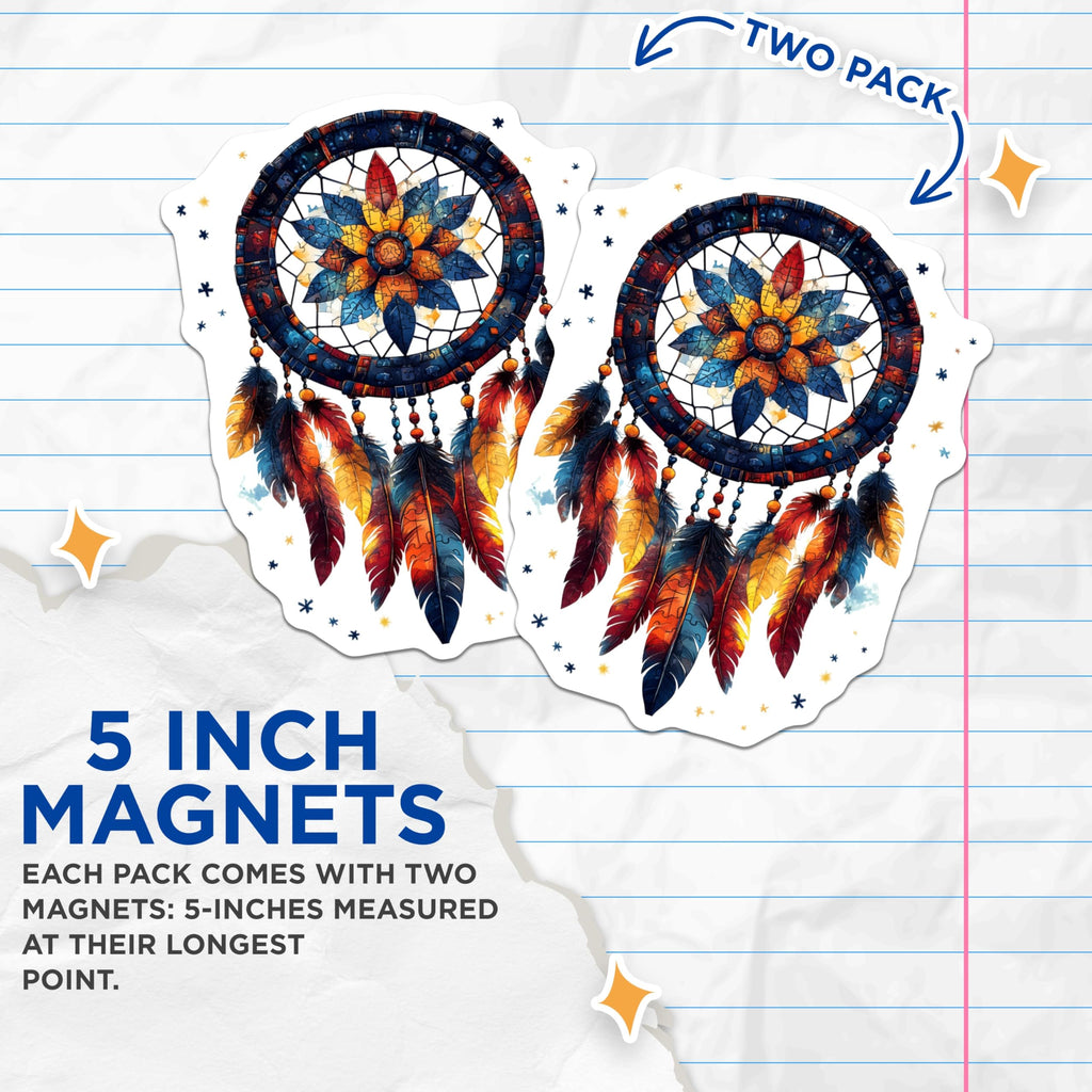 (2 Pack) Dream Catcher Magnets - Bohemian Decor Spiritual Feathers - Stained Glass Effect Mandala Art - 5 Inches On Longest Side - Thick Durable Magnet - Made in USA - MAG30458