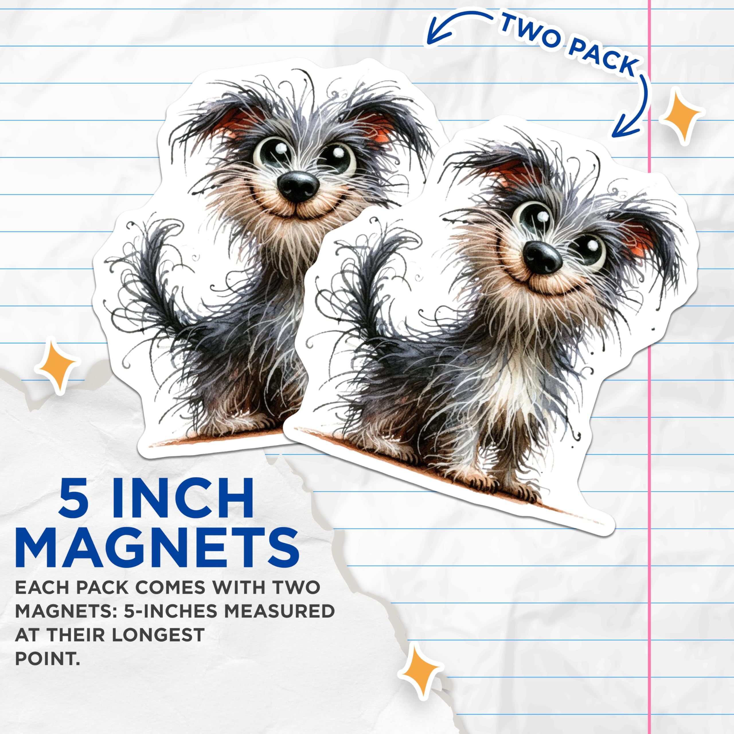 (2 Pack) Whimsical Scruffy Dog Magnets - Adorable Puppy Artwork - Animal Lover Home Decor - 5 Inches On Longest Side - Thick Durable Magnet - Made in USA - MAG23634