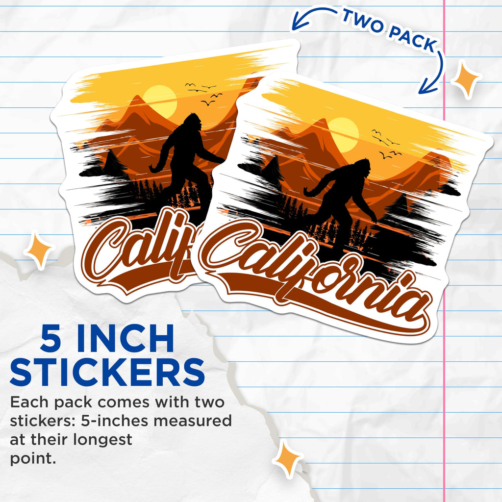 (2 Pack) Bigfoot California Stickers - Sasquatch Mountain Sunset - Cryptid Forest Adventure - 5" On Longest Side - Sticks to Smooth Flat Surfaces - Made in USA - BMCS20253