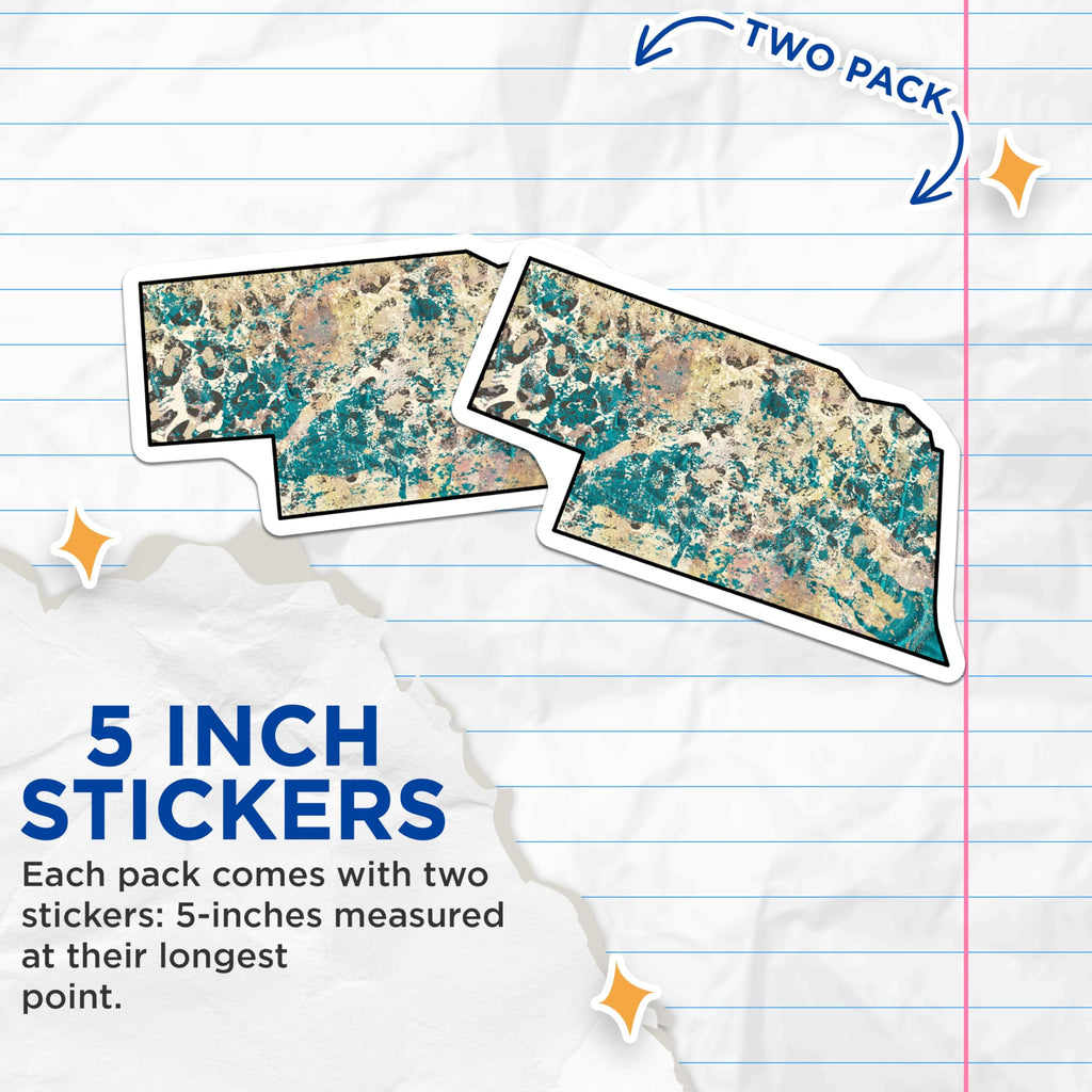 (2 Pack) Nebraska Stickers - State Map Art - Teal and Beige Decor - 5" On Longest Side - Sticks to Smooth Flat Surfaces - Made in USA - BMCS18793