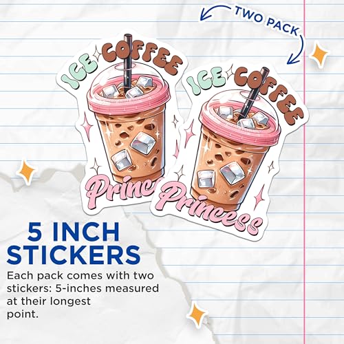 (2 Pack) Ice Coffee Princess Stickers - Iced Beverage - Cute Coffee for Laptop and Water Bottle - 5" On Longest Side - Sticks to Smooth Flat Surfaces - Made in USA - BMCS7538