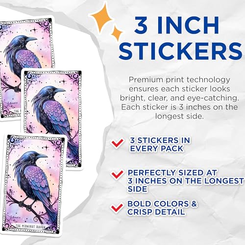 (3 Pack) Raven Decals - Midnight Raven - Gothic Decals - 3 Inches On Longest Side - Easy Peel & Apply - Made in USA - 3MCS2367