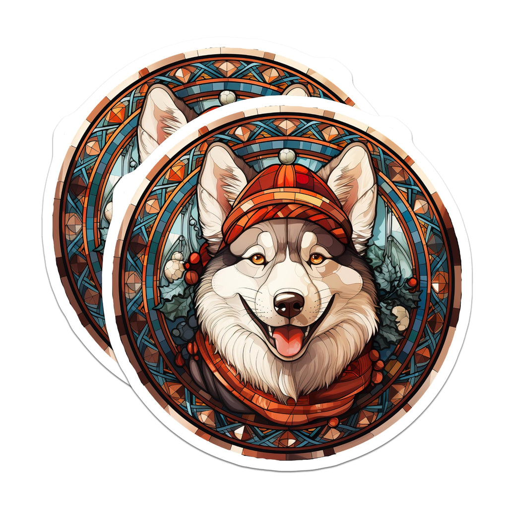(2 Pack) Husky Stained Glass Magnets - Christmas Dog - Winter Holiday Decor - 5 Inches On Longest Side - Thick Durable Magnet - Made in USA - MAG25977