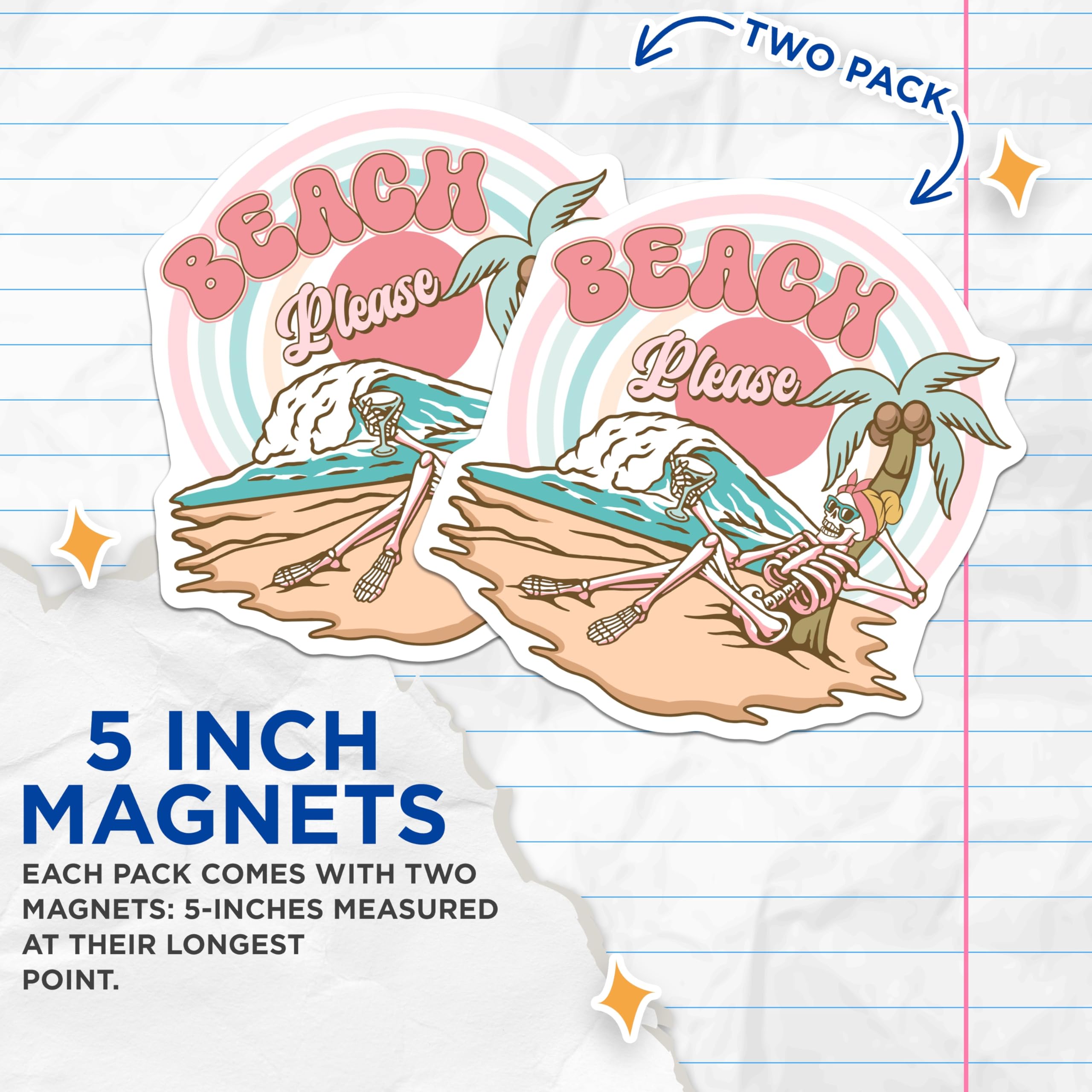 (2 Pack) Beach Please Magnets - Skeleton On Beach- Summer Magnets - 5" On Longest Side - Premium Magnet - for Cars, Refrigerators, Toolboxes, Lockers - Made in USA - MAG17495