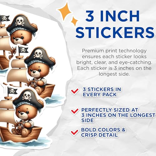 (3 Pack) Pirate Bear Decals - Nautical Stickers - Laptop Decals- 3 Inches On Longest Side - Easy Peel & Apply - Made in USA - 3MCS5306