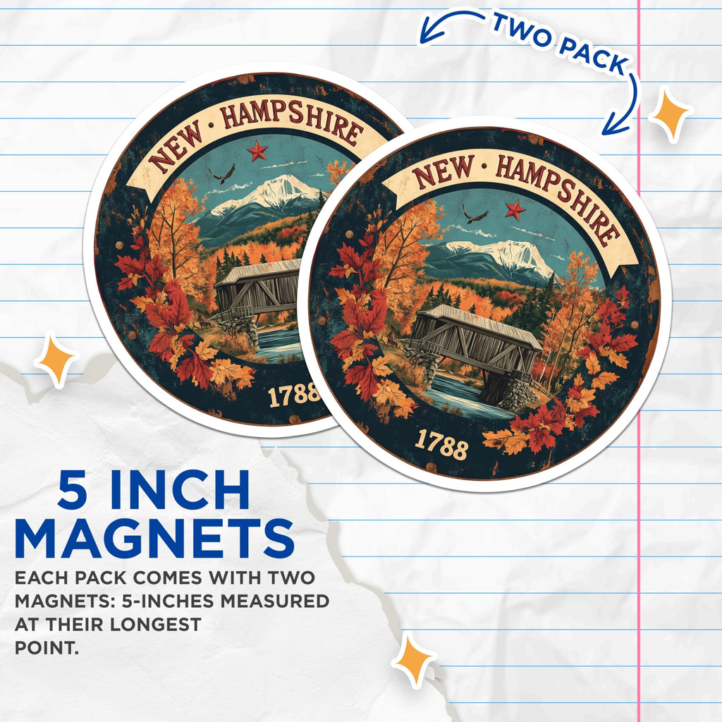 (2 Pack) New Hampshire Magnets - Covered Bridge Art - Autumn Landscape Decor - 5" On Longest Side - Premium Magnet - for Cars, Refrigerators, Toolboxes, Lockers - Made in USA - MAG15664