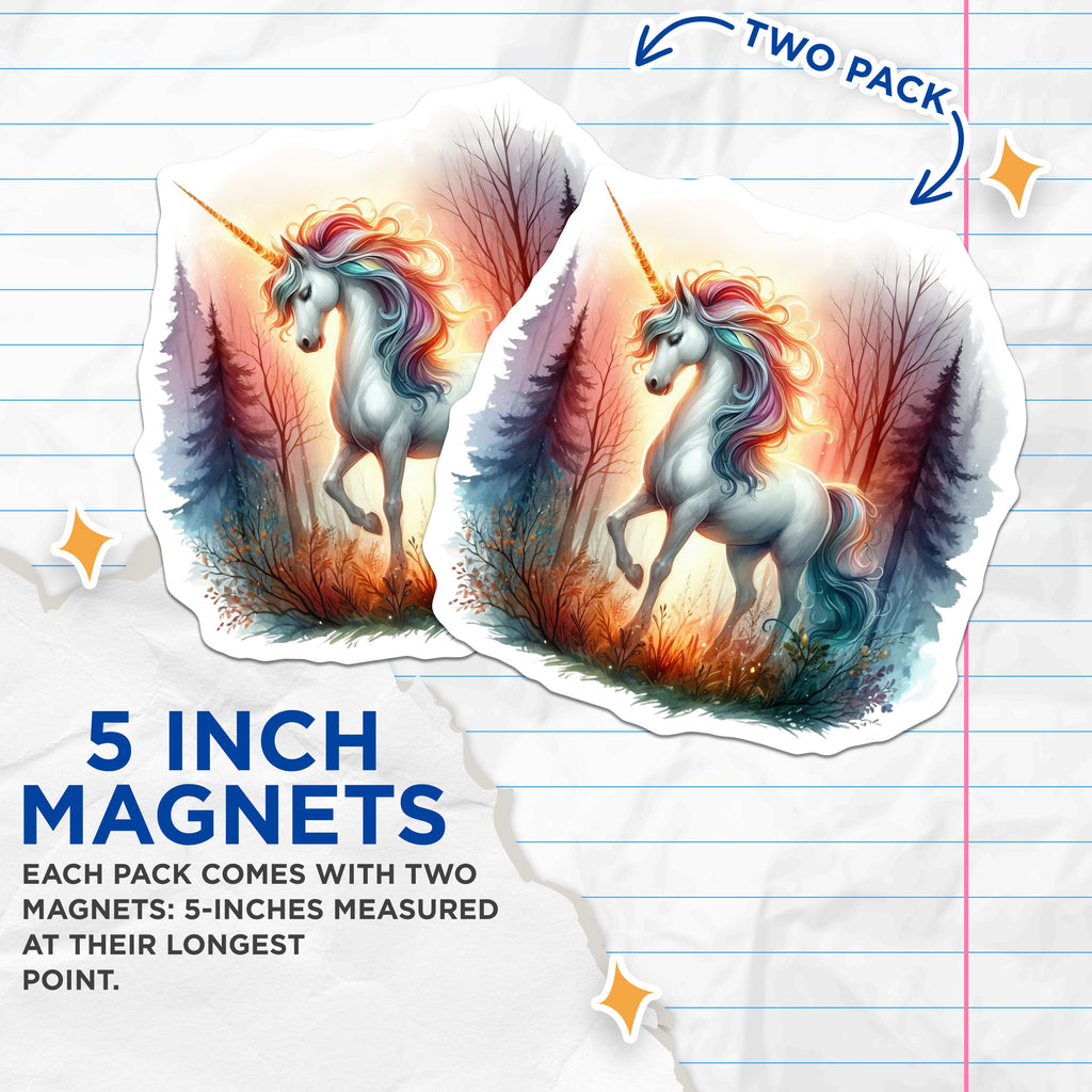 (2 Pack) Unicorn Forest Magnets - Magical Rainbow Mane Horse - Enchanted Fairytale Fantasy Art Dreamcore Decor - 5 Inches On Longest Side - Thick Durable Magnet - Made in USA - MAG37325